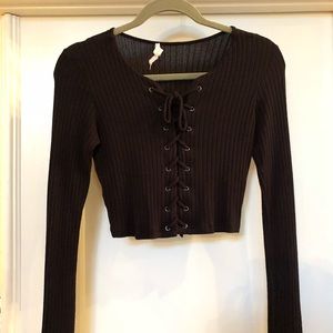 Black Long Sleeve Crop Top with Tie in Front